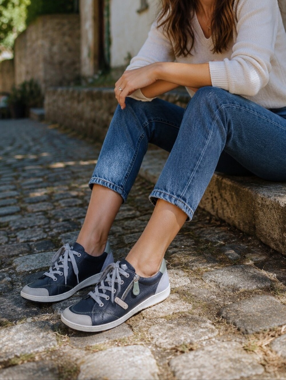 Remonte Black Gray Leather Comfort Sneakers Side Zip Lace-Up Casual Walking